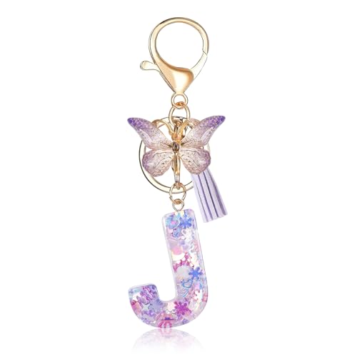 Porte-clés avec lettre initiale Fmeida pour femme, joli porte-clés violet avec pompon et papillon