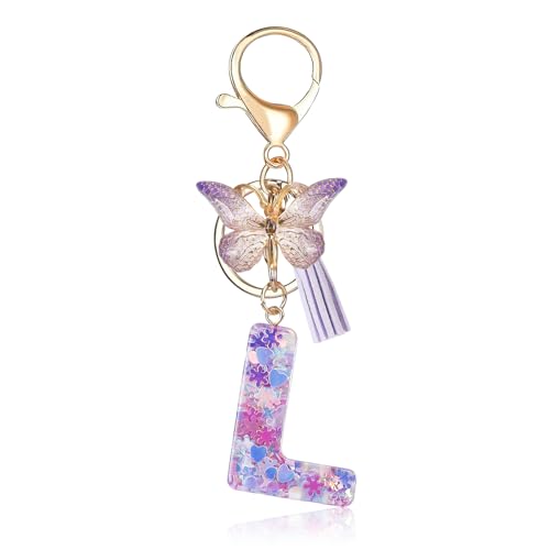 Porte-clés avec lettre initiale Fmeida pour femme, joli porte-clés violet avec pompon et papillon