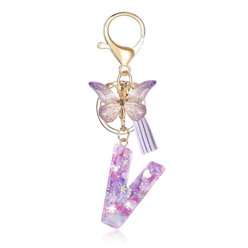 Porte-clés avec lettre initiale Fmeida pour femme, joli porte-clés violet avec pompon et papillon