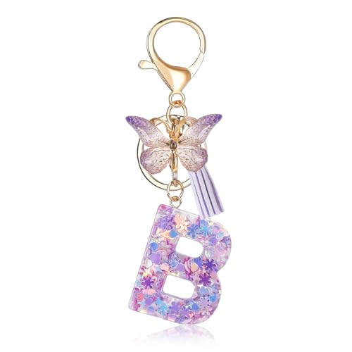 Porte-clés avec lettre initiale Fmeida pour femme, joli porte-clés violet avec pompon et papillon