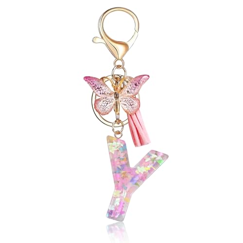 Fmeida Initial Letter Keychains for Women Cute Pink Keychain with Tassel& Butterfly
