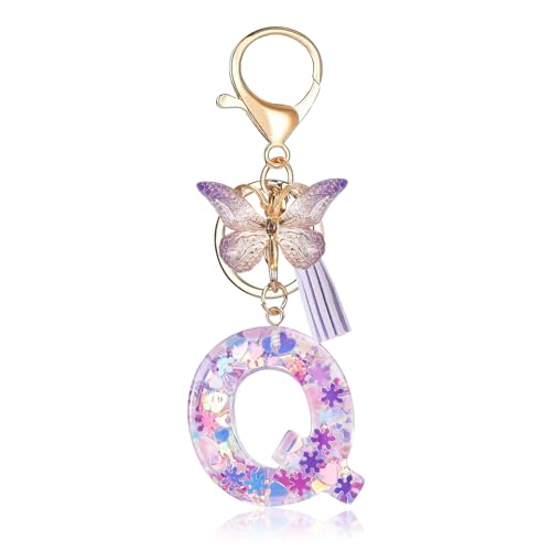 Porte-clés avec lettre initiale Fmeida pour femme, joli porte-clés violet avec pompon et papillon
