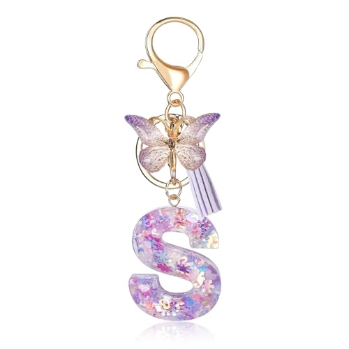Porte-clés avec lettre initiale Fmeida pour femme, joli porte-clés violet avec pompon et papillon