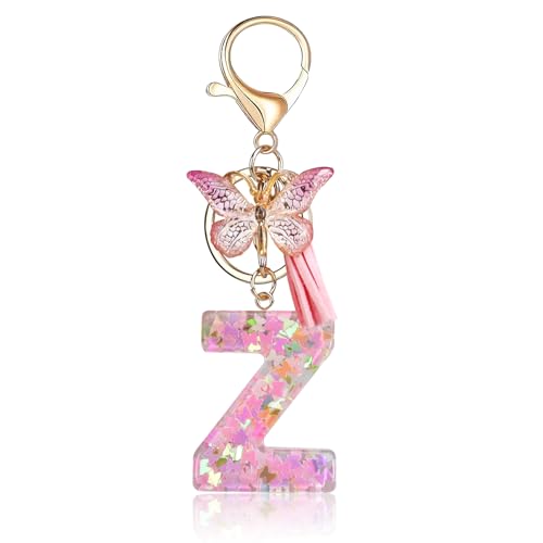 Fmeida Initial Letter Keychains for Women Cute Pink Keychain with Tassel& Butterfly