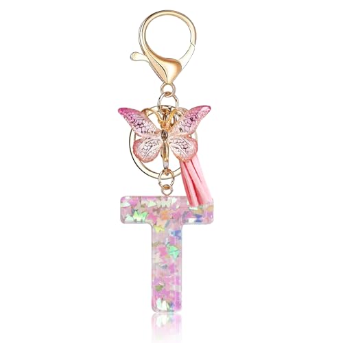 Fmeida Initial Letter Keychains for Women Cute Pink Keychain with Tassel& Butterfly