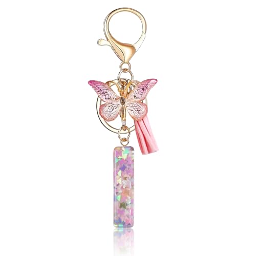 Fmeida Initial Letter Keychains for Women Cute Pink Keychain with Tassel& Butterfly