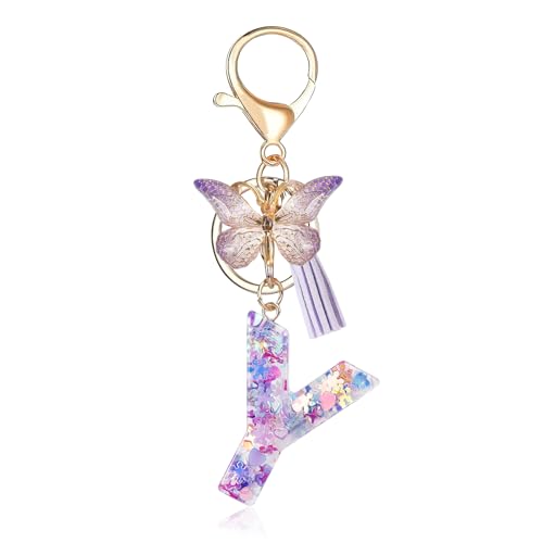 Porte-clés avec lettre initiale Fmeida pour femme, joli porte-clés violet avec pompon et papillon