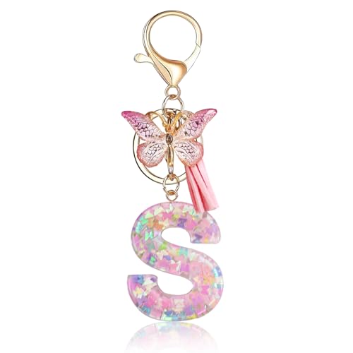 Fmeida Initial Letter Keychains for Women Cute Pink Keychain with Tassel& Butterfly