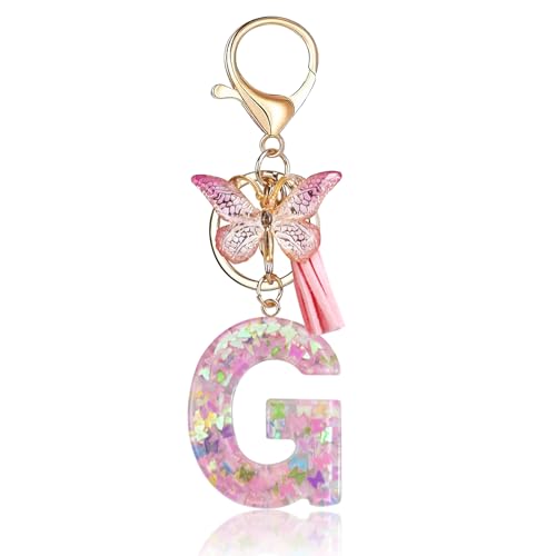 Fmeida Initial Letter Keychains for Women Cute Pink Keychain with Tassel& Butterfly
