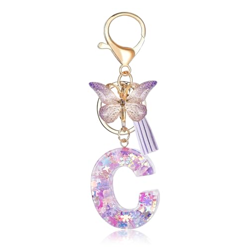 Porte-clés avec lettre initiale Fmeida pour femme, joli porte-clés violet avec pompon et papillon