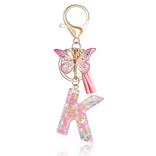 Fmeida Initial Letter Keychains for Women Cute Pink Keychain with Tassel& Butterfly