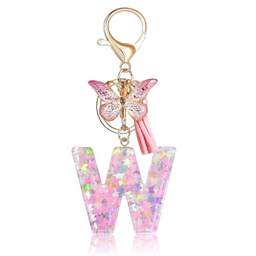 Fmeida Initial Letter Keychains for Women Cute Pink Keychain with Tassel& Butterfly