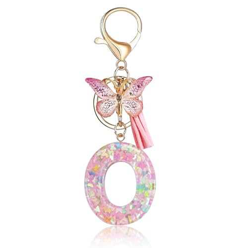 Fmeida Initial Letter Keychains for Women Cute Pink Keychain with Tassel& Butterfly