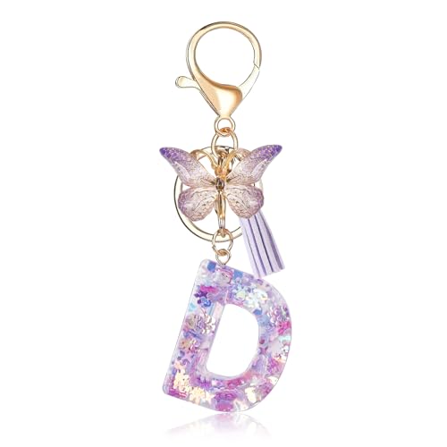 Porte-clés avec lettre initiale Fmeida pour femme, joli porte-clés violet avec pompon et papillon