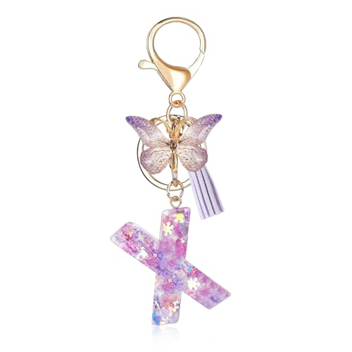Porte-clés avec lettre initiale Fmeida pour femme, joli porte-clés violet avec pompon et papillon
