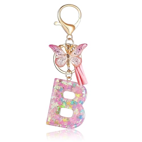 Fmeida Initial Letter Keychains for Women Cute Pink Keychain with Tassel& Butterfly