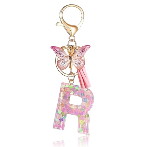 Fmeida Initial Letter Keychains for Women Cute Pink Keychain with Tassel& Butterfly