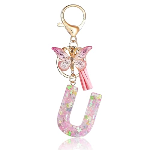 Fmeida Initial Letter Keychains for Women Cute Pink Keychain with Tassel& Butterfly