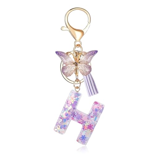 Porte-clés avec lettre initiale Fmeida pour femme, joli porte-clés violet avec pompon et papillon
