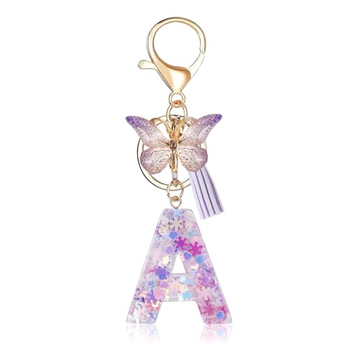 Porte-clés avec lettre initiale Fmeida pour femme, joli porte-clés violet avec pompon et papillon