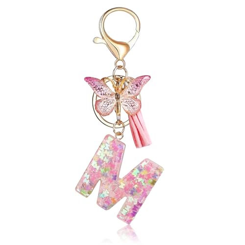 Fmeida Initial Letter Keychains for Women Cute Pink Keychain with Tassel& Butterfly