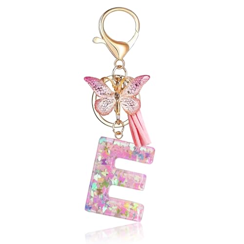 Fmeida Initial Letter Keychains for Women Cute Pink Keychain with Tassel& Butterfly
