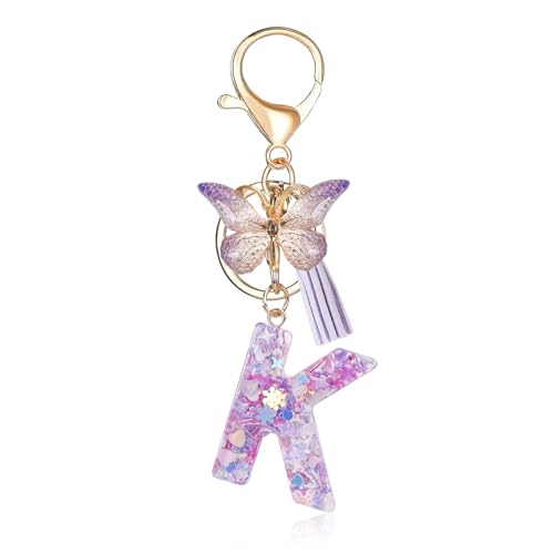 Porte-clés avec lettre initiale Fmeida pour femme, joli porte-clés violet avec pompon et papillon