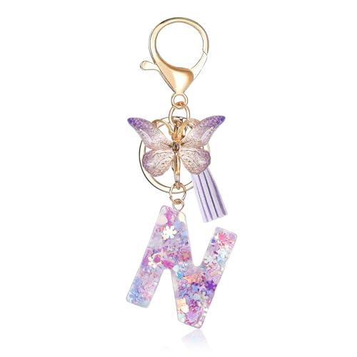 Porte-clés avec lettre initiale Fmeida pour femme, joli porte-clés violet avec pompon et papillon