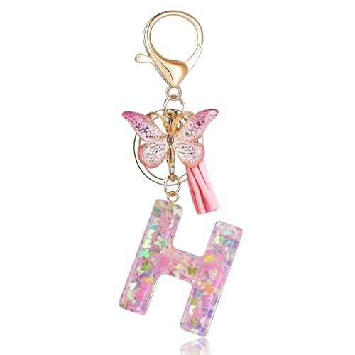 Fmeida Initial Letter Keychains for Women Cute Pink Keychain with Tassel& Butterfly