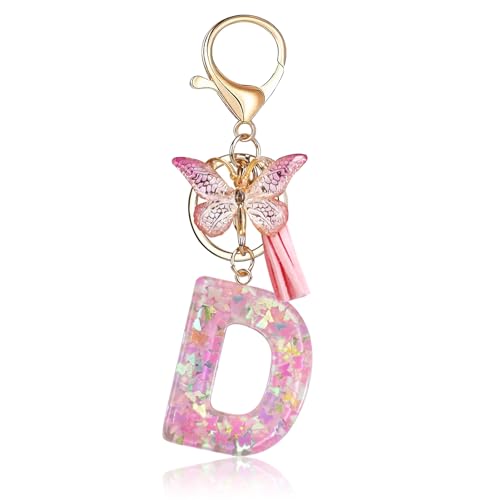 Fmeida Initial Letter Keychains for Women Cute Pink Keychain with Tassel& Butterfly