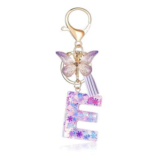 Porte-clés avec lettre initiale Fmeida pour femme, joli porte-clés violet avec pompon et papillon