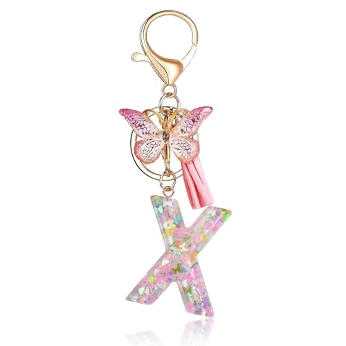 Fmeida Initial Letter Keychains for Women Cute Pink Keychain with Tassel& Butterfly