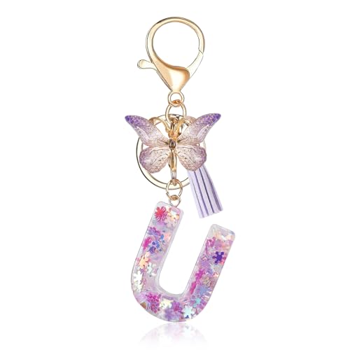 Porte-clés avec lettre initiale Fmeida pour femme, joli porte-clés violet avec pompon et papillon