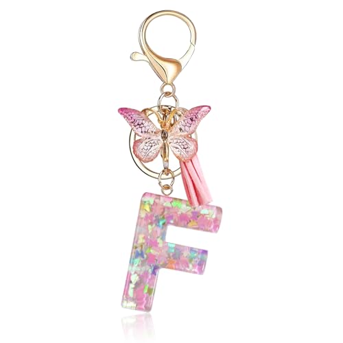 Fmeida Initial Letter Keychains for Women Cute Pink Keychain with Tassel& Butterfly