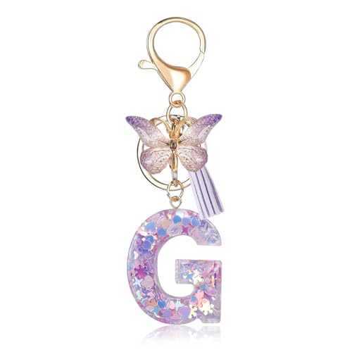 Porte-clés avec lettre initiale Fmeida pour femme, joli porte-clés violet avec pompon et papillon