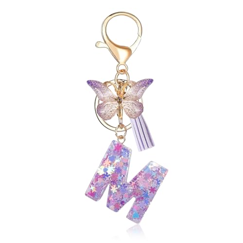 Porte-clés avec lettre initiale Fmeida pour femme, joli porte-clés violet avec pompon et papillon