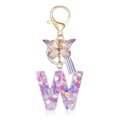 Porte-clés avec lettre initiale Fmeida pour femme, joli porte-clés violet avec pompon et papillon