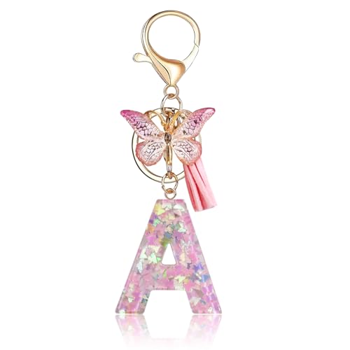 Fmeida Initial Letter Keychains for Women Cute Pink Keychain with Tassel& Butterfly