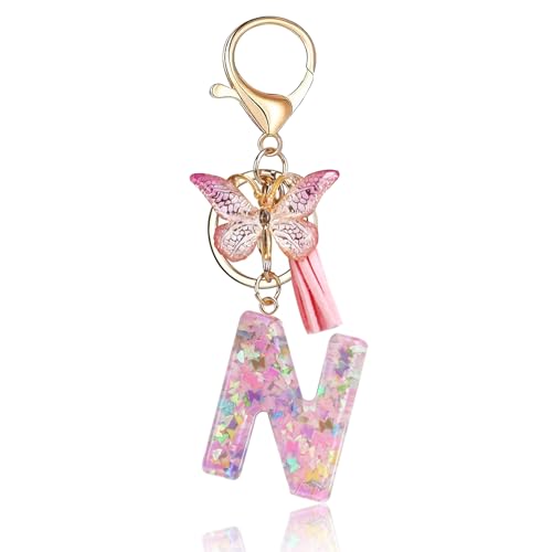 Fmeida Initial Letter Keychains for Women Cute Pink Keychain with Tassel& Butterfly