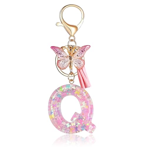 Fmeida Initial Letter Keychains for Women Cute Pink Keychain with Tassel& Butterfly