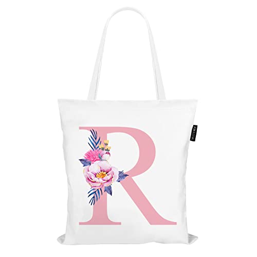 Personalized Pink Floral Initial Tote Bag for Women Canvas Tote Bags Reusable Grocery Bags Shopping Totes Letter G