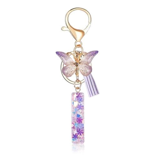 Porte-clés avec lettre initiale Fmeida pour femme, joli porte-clés violet avec pompon et papillon