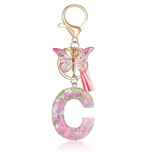 Fmeida Initial Letter Keychains for Women Cute Pink Keychain with Tassel& Butterfly