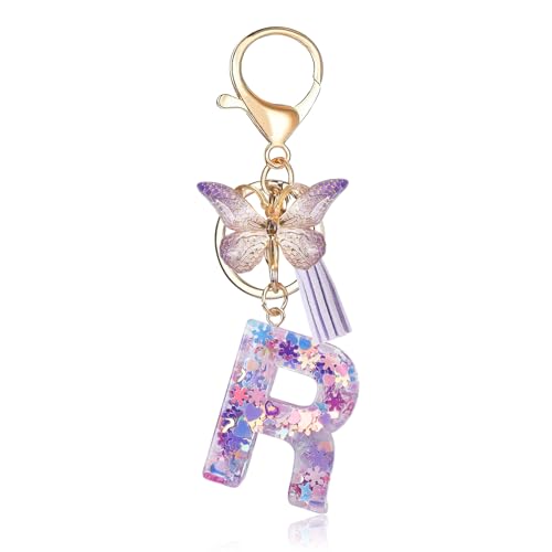 Porte-clés avec lettre initiale Fmeida pour femme, joli porte-clés violet avec pompon et papillon
