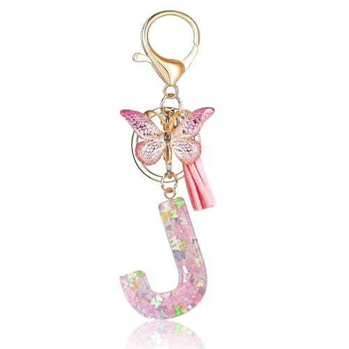 Fmeida Initial Letter Keychains for Women Cute Pink Keychain with Tassel& Butterfly
