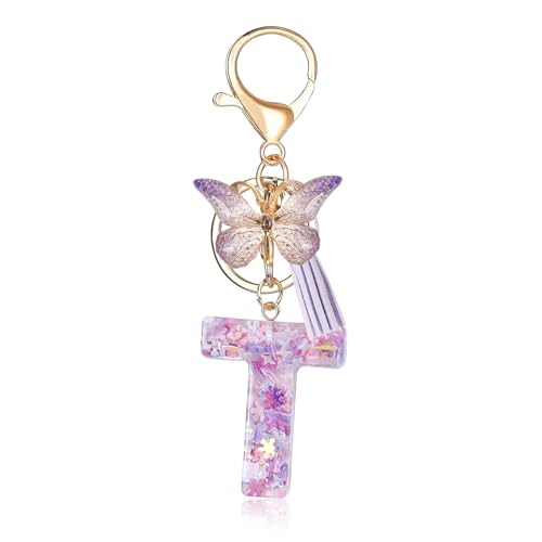 Porte-clés avec lettre initiale Fmeida pour femme, joli porte-clés violet avec pompon et papillon