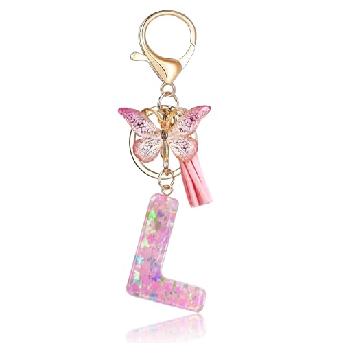 Fmeida Initial Letter Keychains for Women Cute Pink Keychain with Tassel& Butterfly