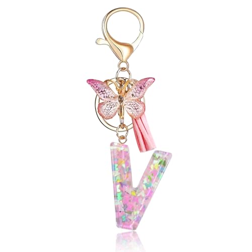 Fmeida Initial Letter Keychains for Women Cute Pink Keychain with Tassel& Butterfly
