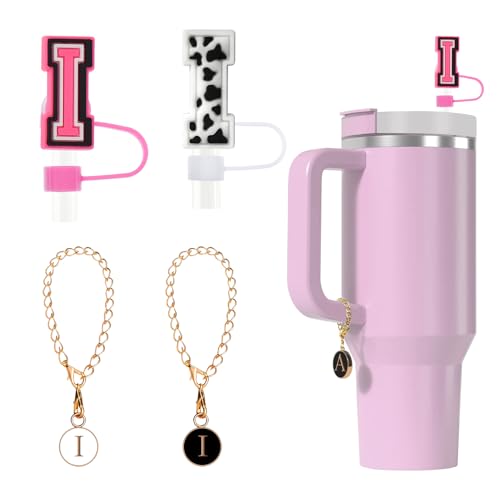 Tapa de silicona para pajita Fmeida para taza Stanley de 30 oz y 40 pajitas con letras iniciales de 10 mm y accesorios con dijes de letras, paquete de 4