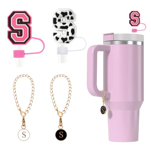 Tapa de silicona para pajita Fmeida para taza Stanley de 30 oz y 40 pajitas con letras iniciales de 10 mm y accesorios con dijes de letras, paquete de 4